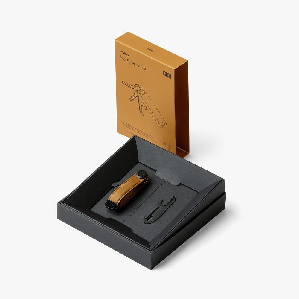 Orbitkey 2.0 Key Organiser Gift Set (Chestnut Brown with Black Stitching and Multi-Tool v2)